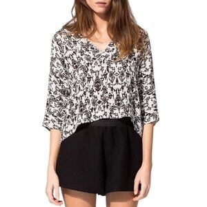Maje Shirt Women Small Black White Geometric V Neck‎ Leopold High Low Top